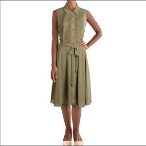 Nanette Lepore Sleeveless Midi Dress Button up front, Belted, Green/Khaki Size 8